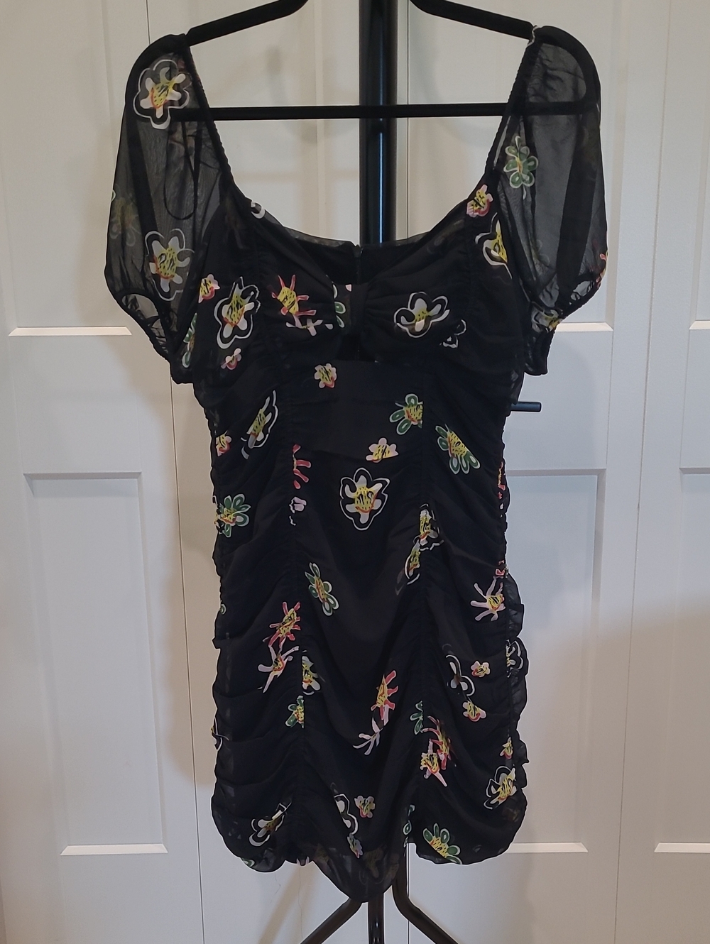 Desigual Black Floral Ruched Mini Dress - Women's